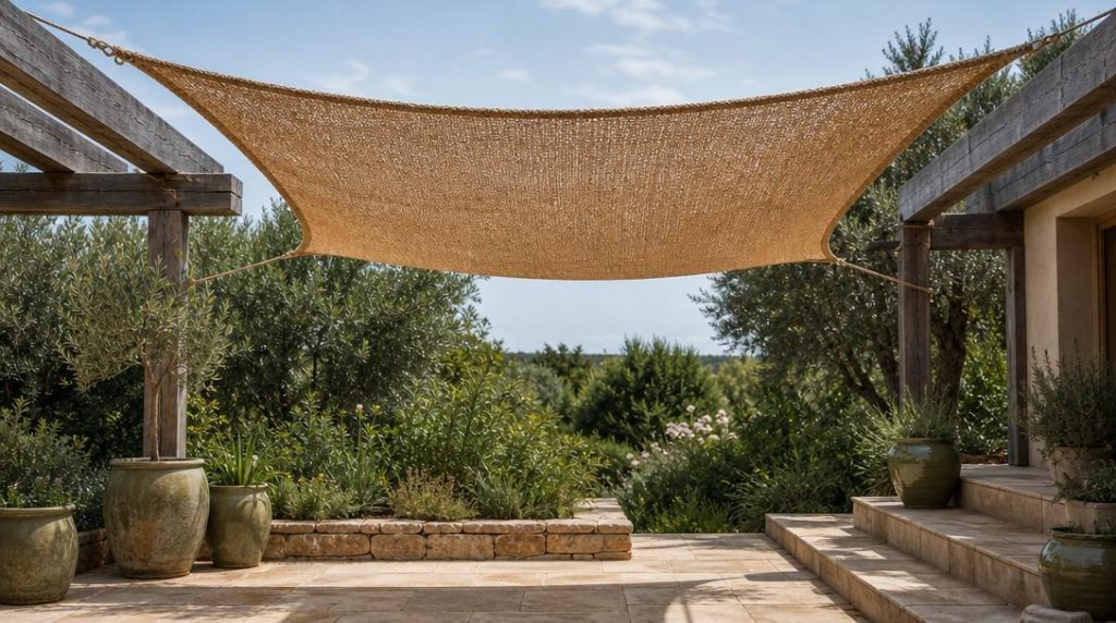 Toile de coco respirante tendue sur pergola en bois