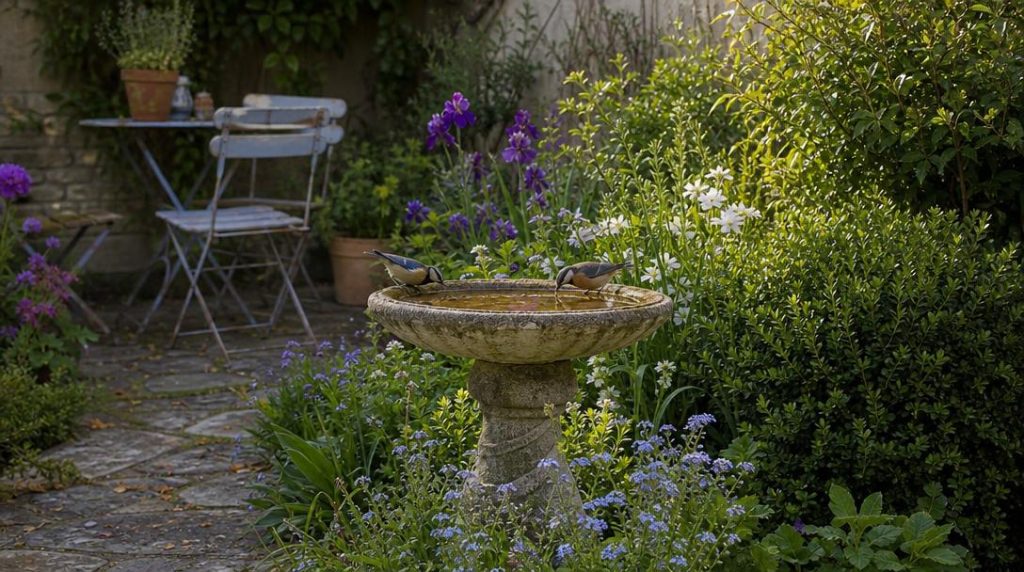 Bain peu profond sur pied dans un jardin fleuri