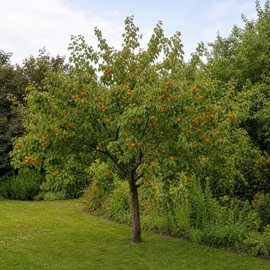Abricotier Bergeron aux fruits orange dans jardin frais