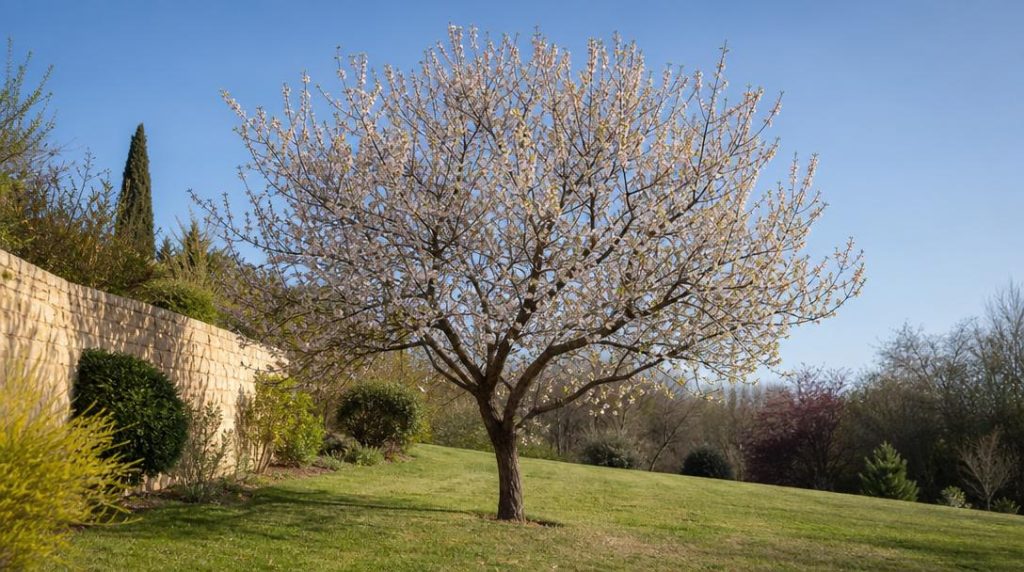 Abricotier en fleur près d'un mur protecteur