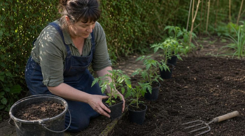 Jeunes plants de tomate acclimatés avant plantation