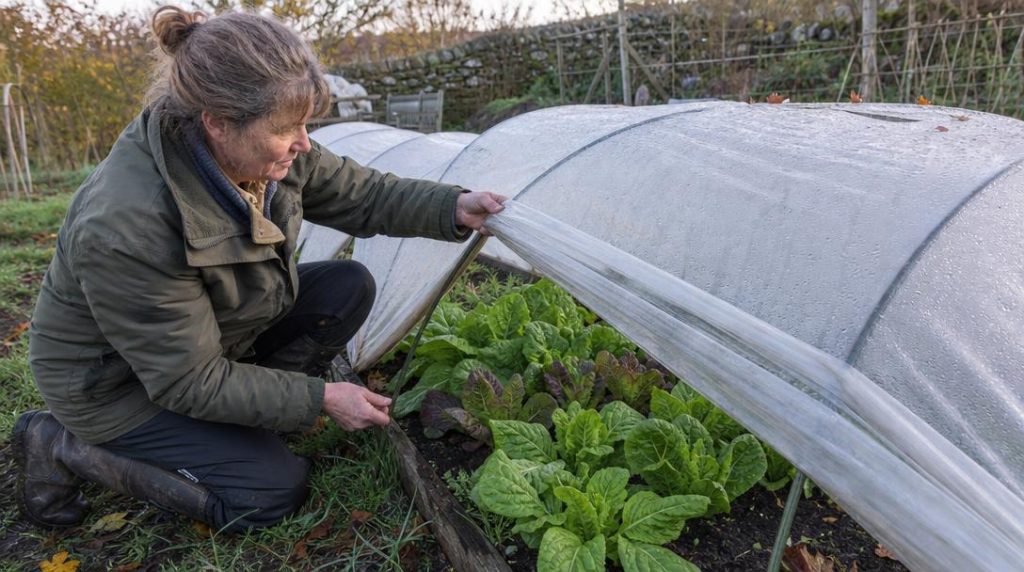 Jardinier aérant un tunnel au-dessus de salades d'hiver