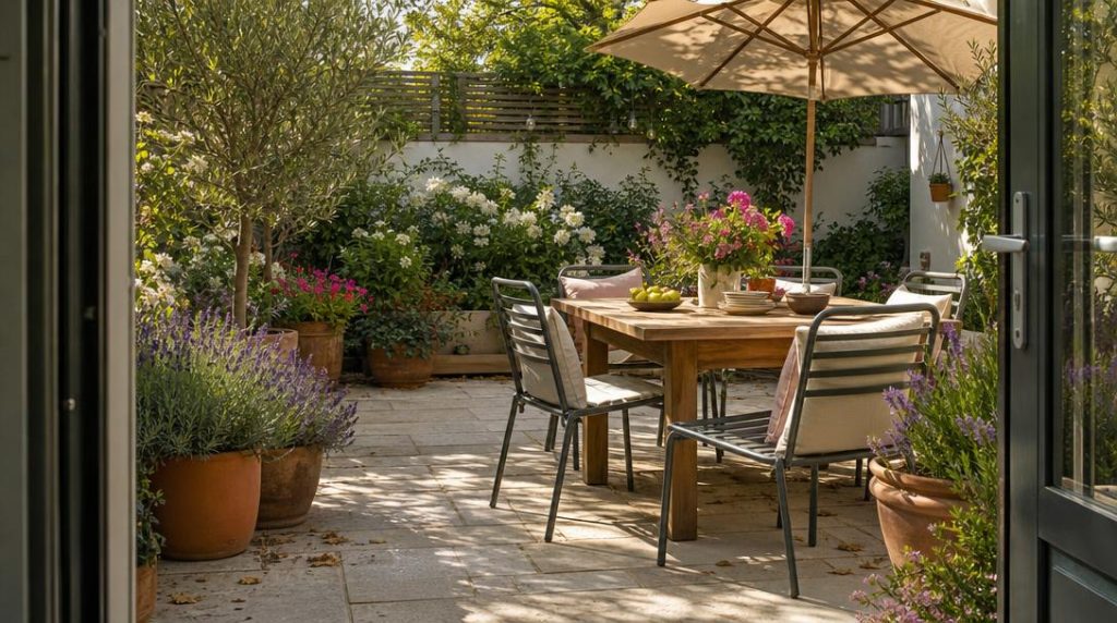 Terrasse aménagée avec mobilier durable, table bois et plantes