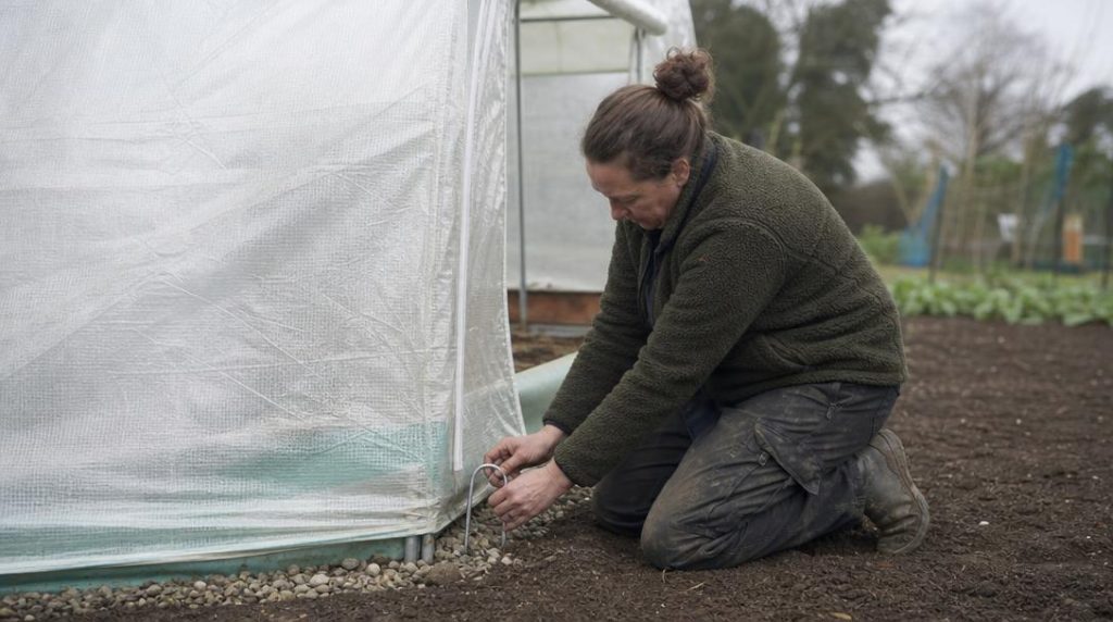 Jardinier fixant une serre tunnel dans un sol nivelé
