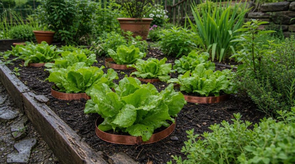 Jeunes salades protégées par une barrière anti-limaces au potager