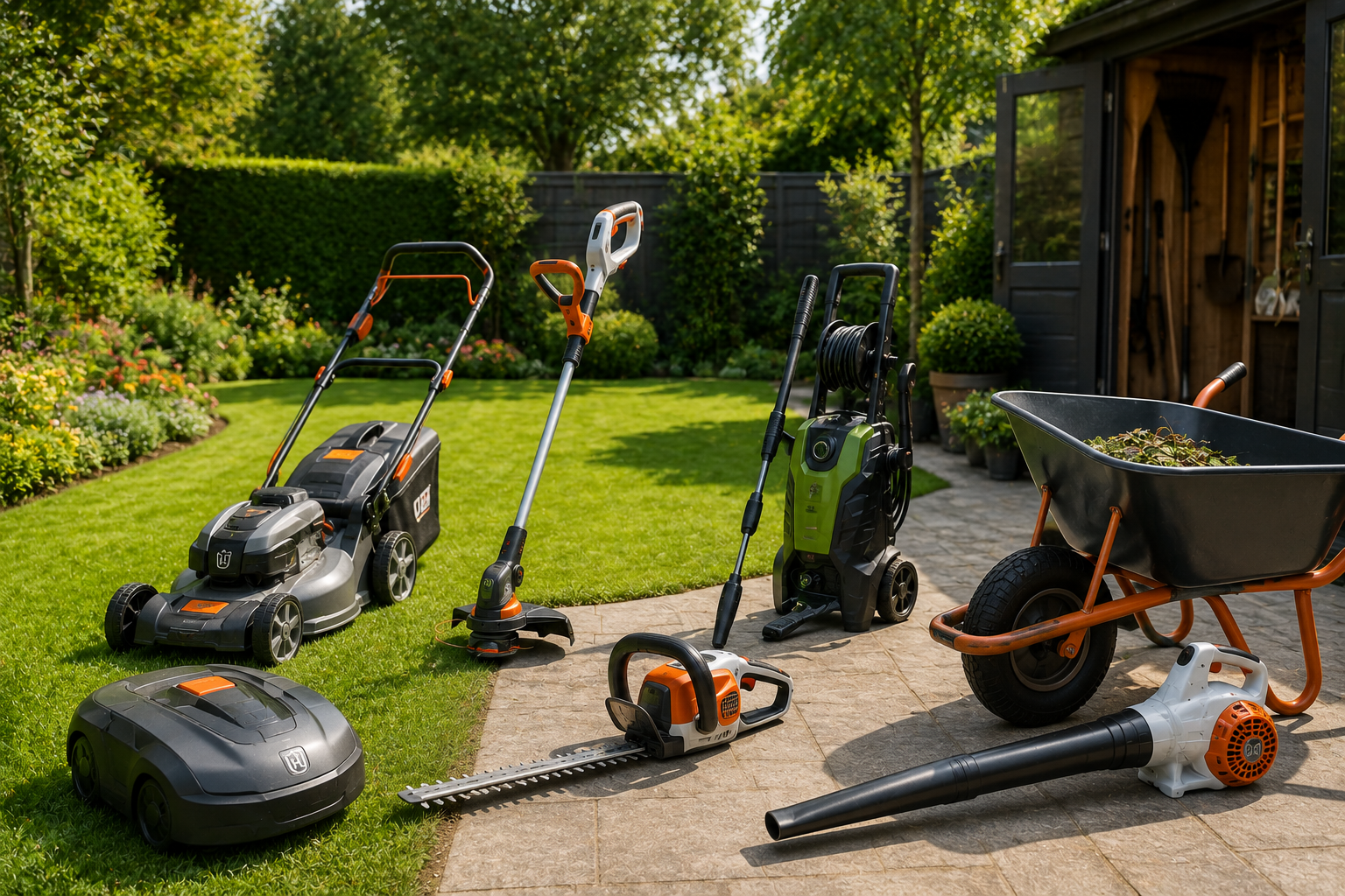 Équipement de jardin motorisé sur pelouse : tondeuse, robot, souffleur, nettoyeur