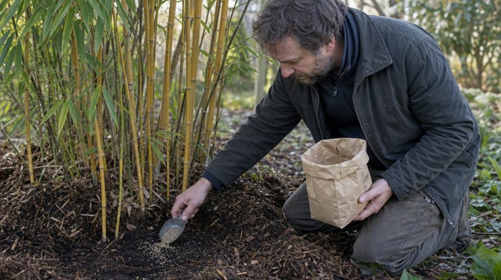 Jardinier épandant des granulés autour des racines de bambou
