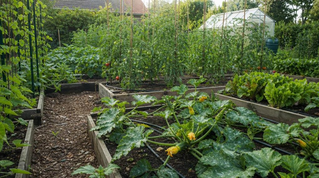 Potager familial avec arrosage automatique et tomates paillées