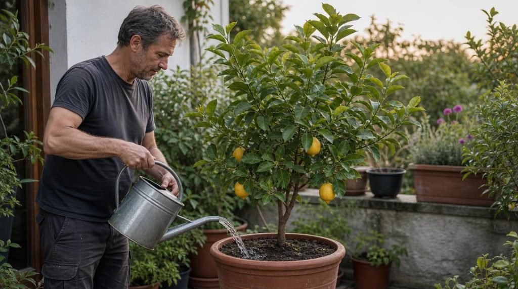 Arrosage doux d'un citronnier fraîchement rempoté
