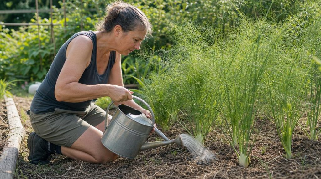Arrosage au pied de fenouils dans un potager paillé