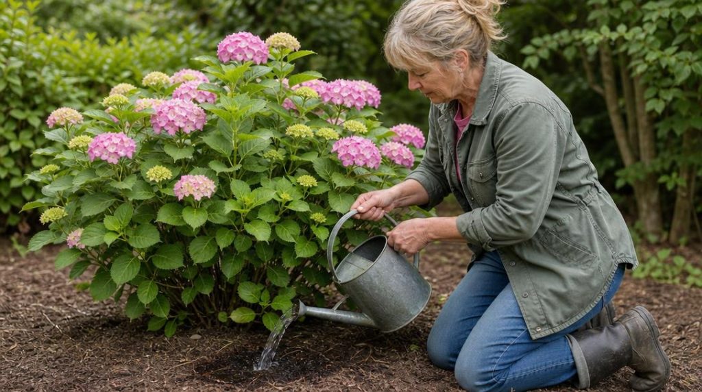 Jardinier arrosant un hortensia au pied sur sol paillé