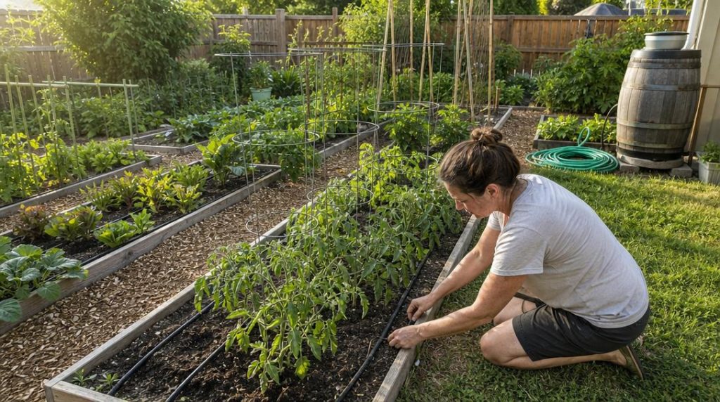 Potager familial avec goutte-à-goutte et arrosage des jardins
