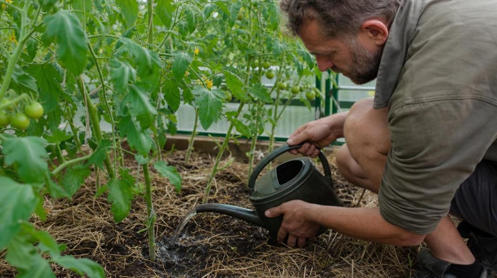 Arrosage au pied de tomates paillées sous serre