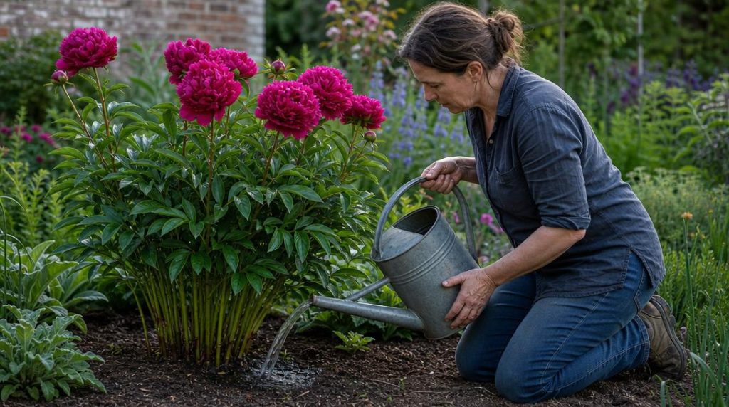 Arrosage au pied d'une pivoine en jardin