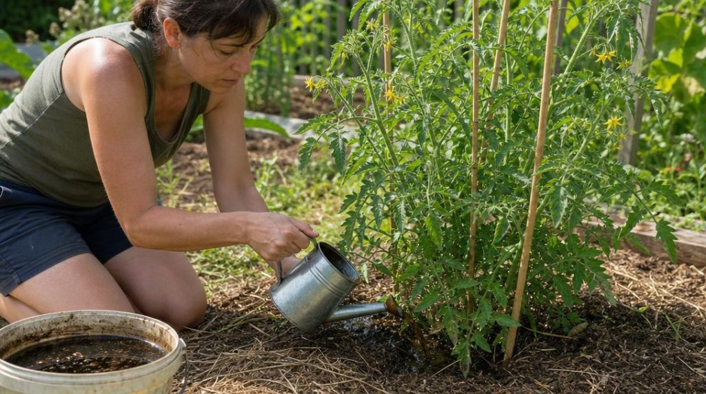 Arrosage dilué au pied de tomates paillées