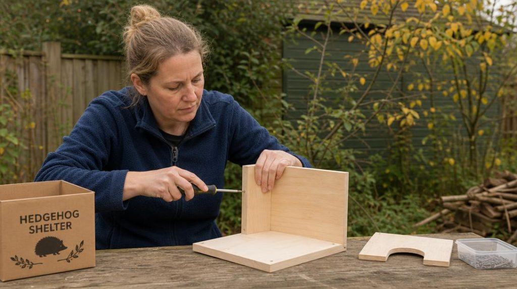 Jardinier assemblant les parois d'un abri en bois