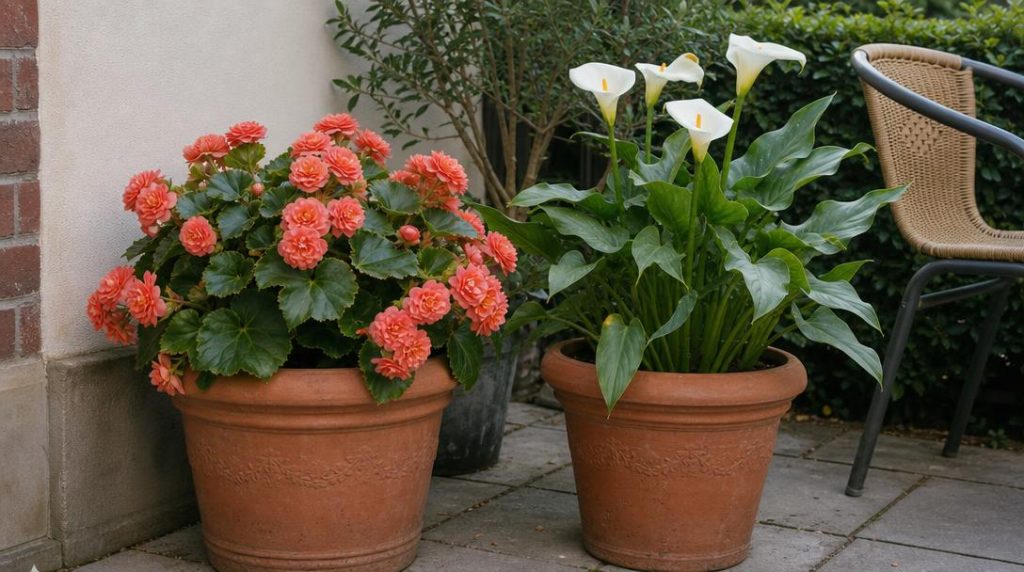 Bégonias et arums fleuris dans de grands pots