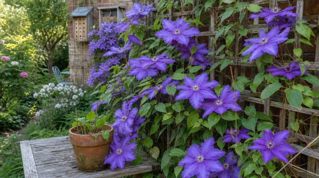 Clématite violette fleurie près de jeunes boutures en pots