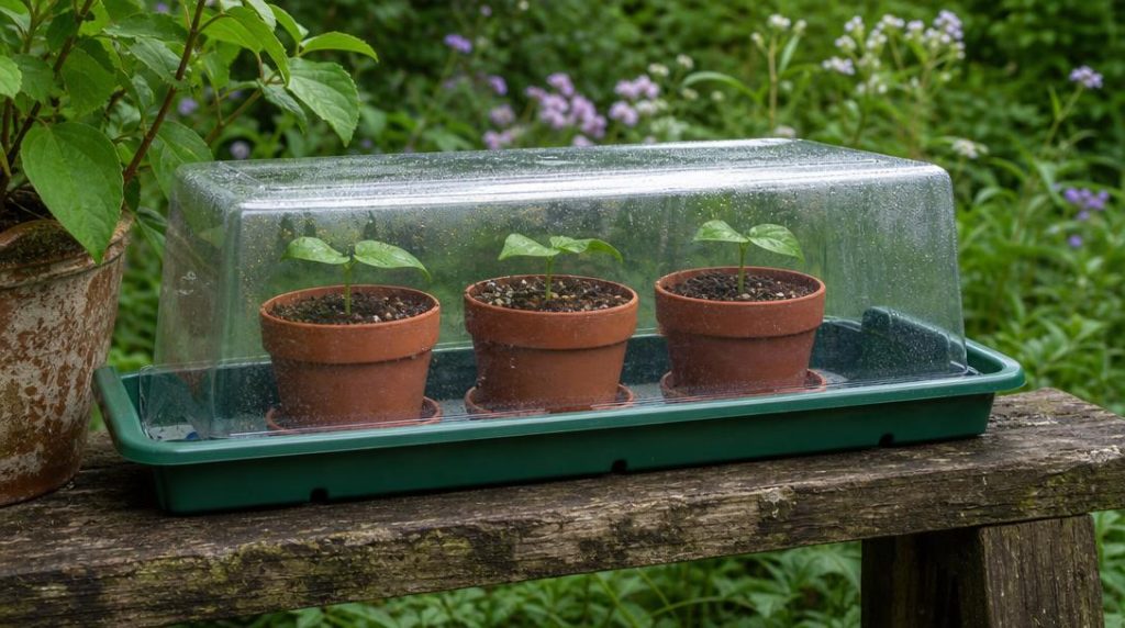 Boutures de clématite sous protection transparente au jardin