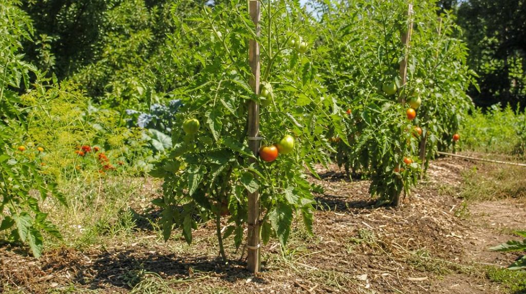 Tomates cultivées sur broyat brun dans un potager sec