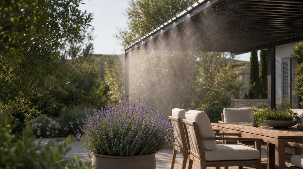 Fine brume au-dessus d’une terrasse ombragée et sèche