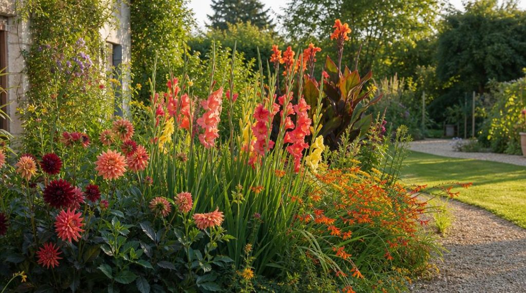 Massif fleuri de bulbes d'été en plein soleil