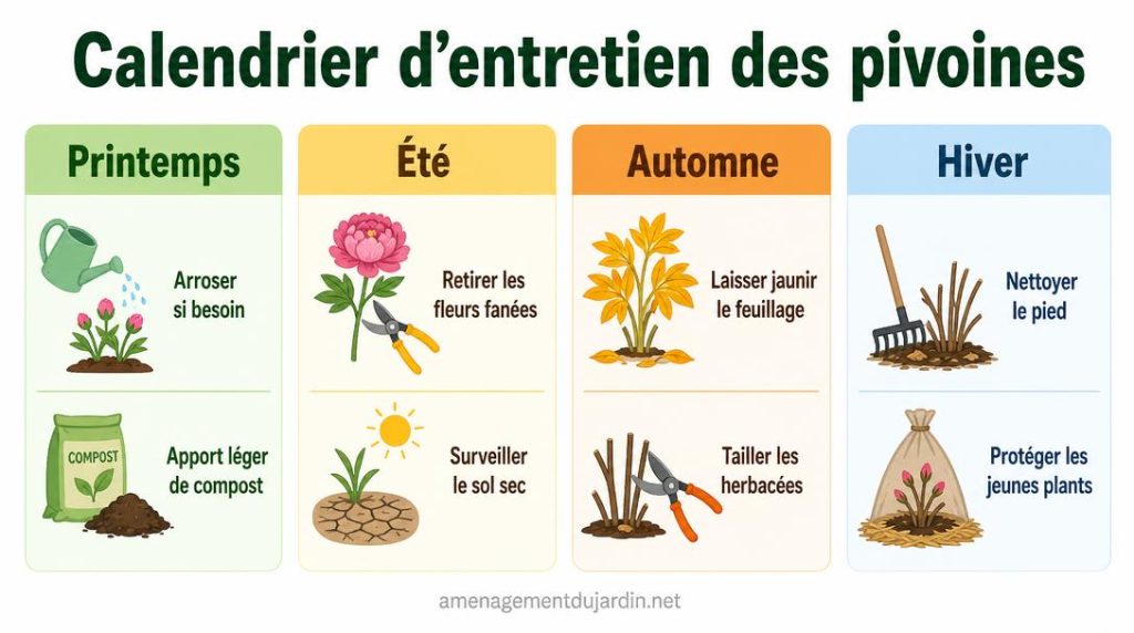 Calendrier saisonnier des soins à apporter aux pivoines