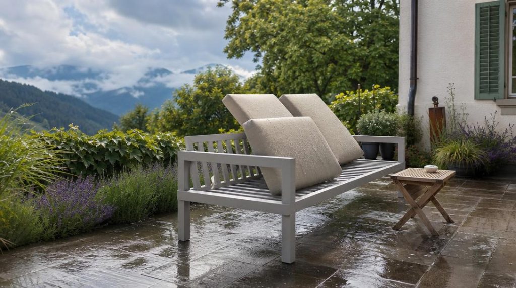 Canapé aluminium séchant sur terrasse humide et ensoleillée