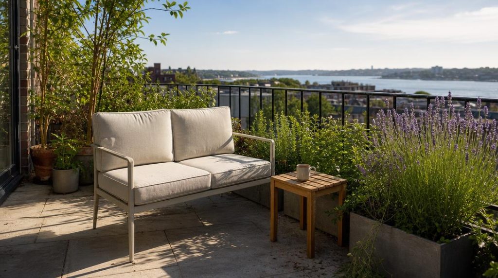 Petit canapé aluminium sur balcon végétalisé ensoleillé