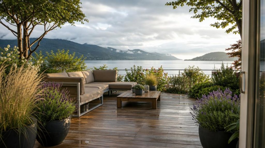 Canapé extérieur en aluminium sur terrasse face au lac