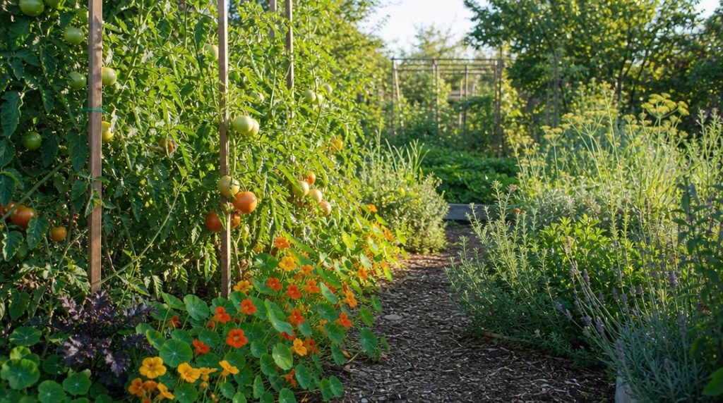 Capucines orange près de plants de tomate tuteurés