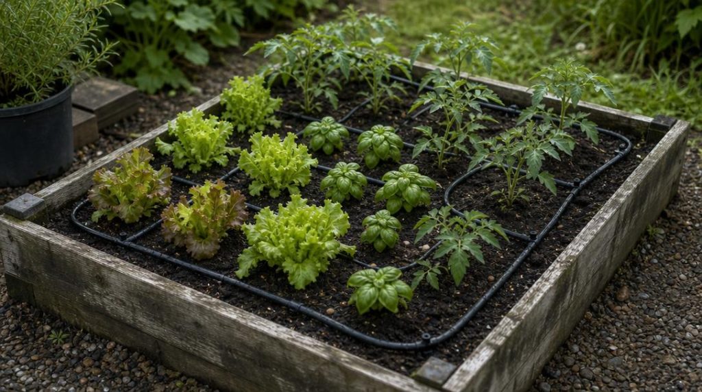 Carré potager avec ligne d’arrosage entre les légumes