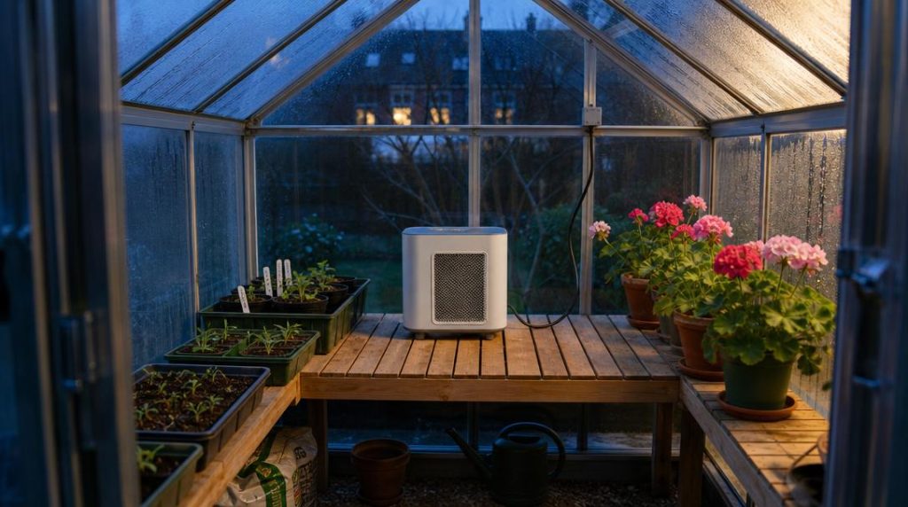 Chauffage d'appoint installé dans une petite serre