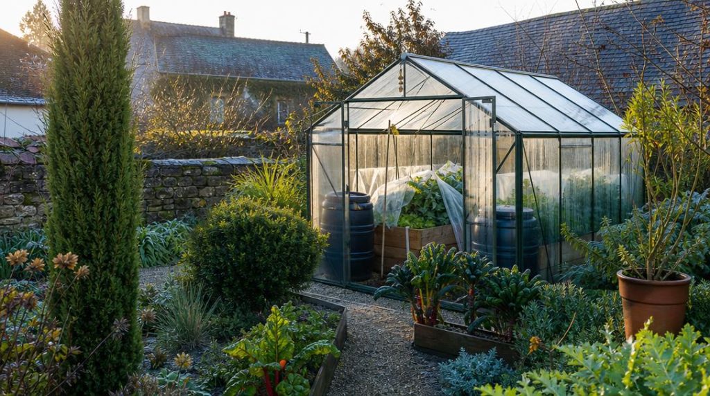 Serre de jardin isolée au petit matin d'hiver