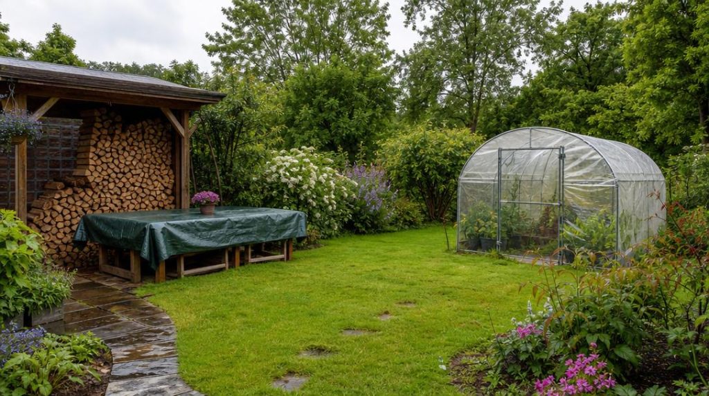 Mobilier, bois et serre protégés dans un jardin