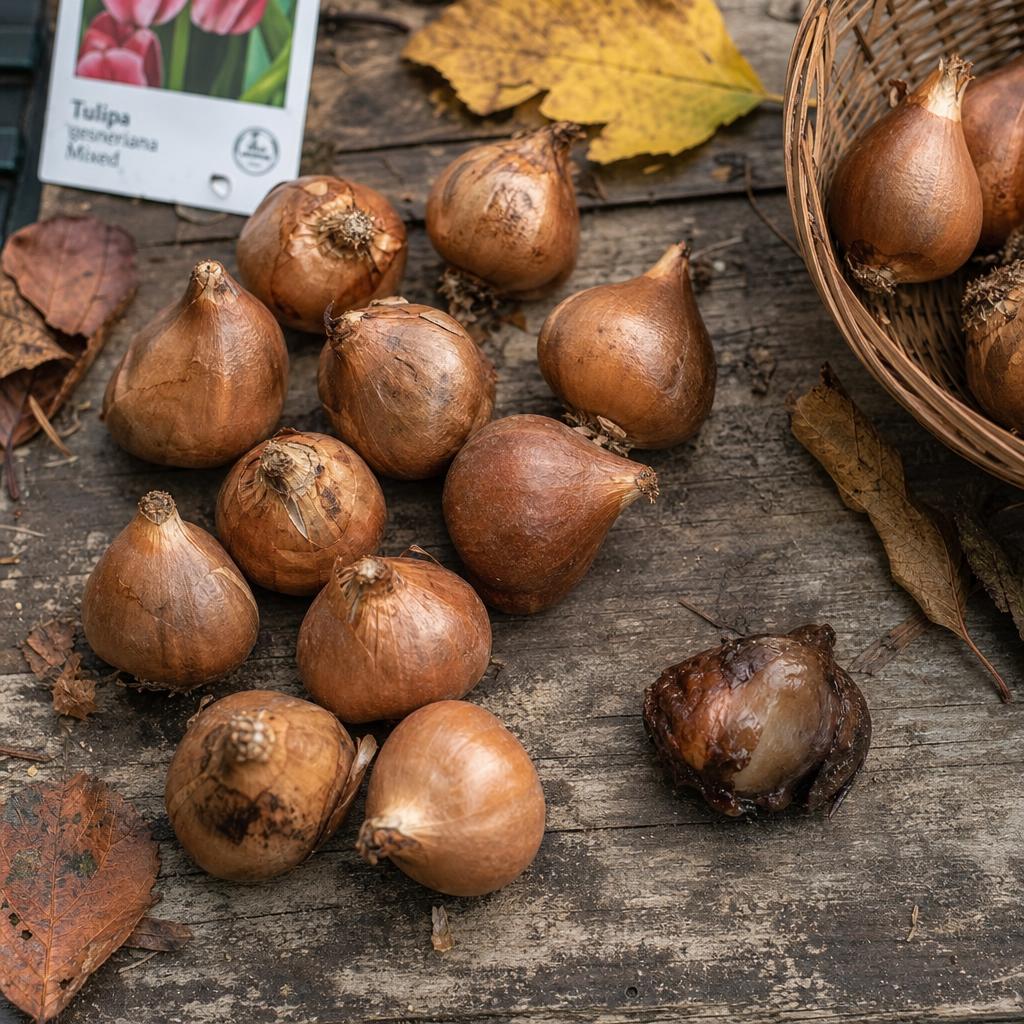 Bulbes de tulipes fermes et bulbe abîmé sur bois