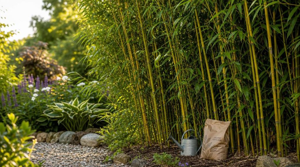 Bambou paillé avec engrais organique et arrosoir au jardin
