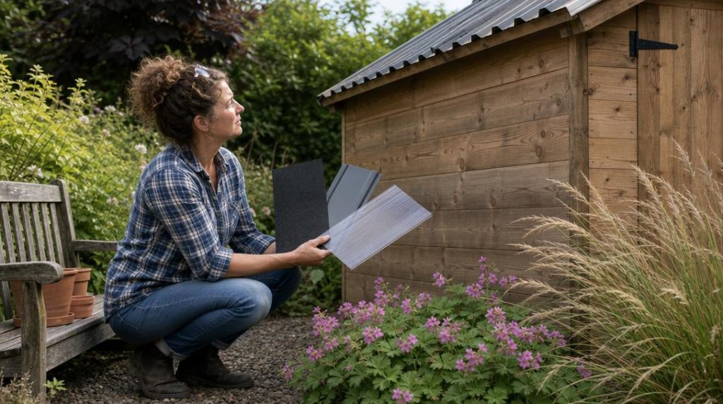 Propriétaire comparant trois matériaux près de son abri