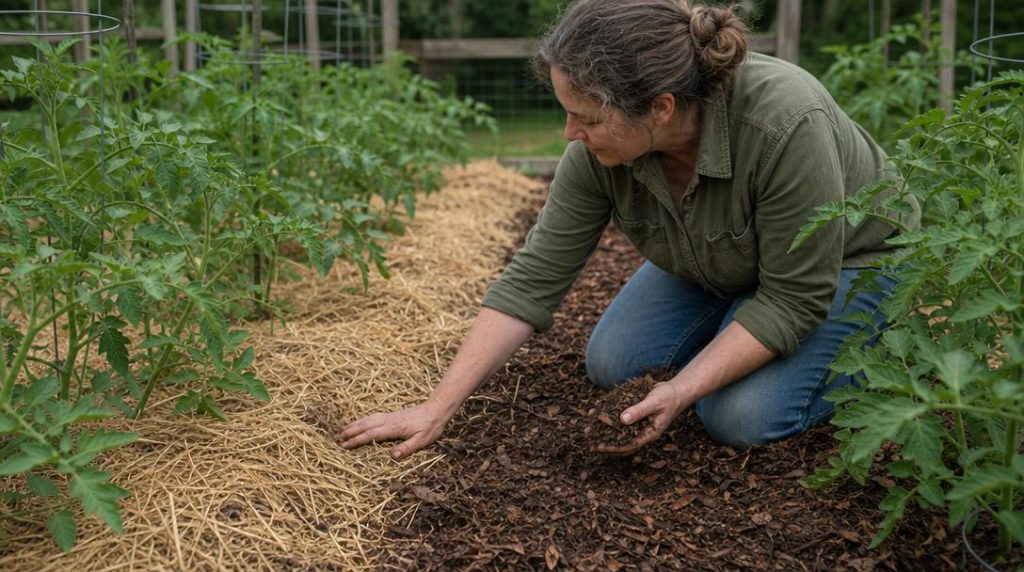 Jardinier comparant deux sols paillés pour tomates