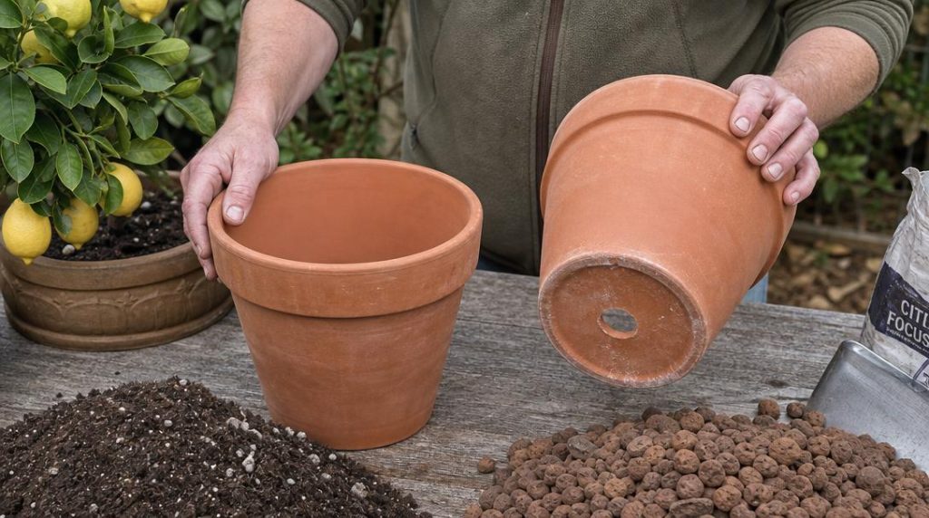 Deux pots en terre cuite pour citronnier