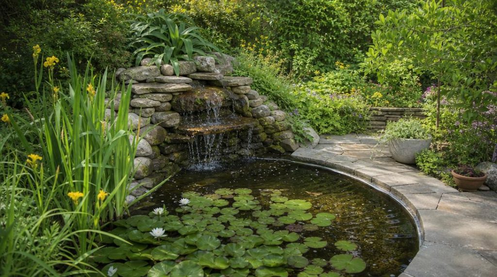 Cascade alimentant un bassin planté et filtré