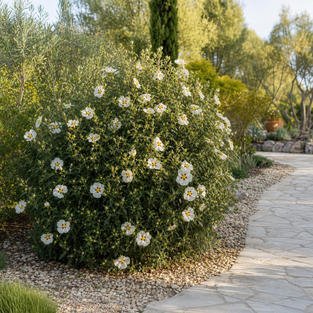Ciste blanc fleuri sur gravier au soleil