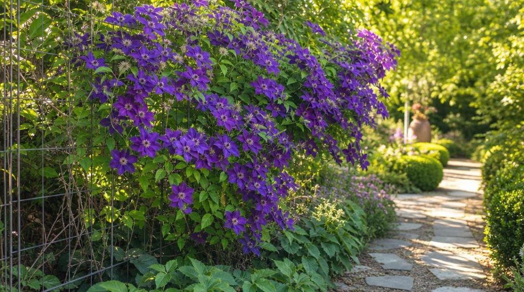 Clématite violette très florifère le long d'une allée