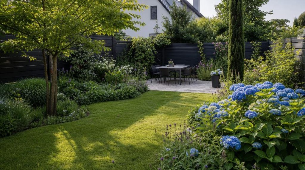Terrasse fleurie protégée par une clôture sobre