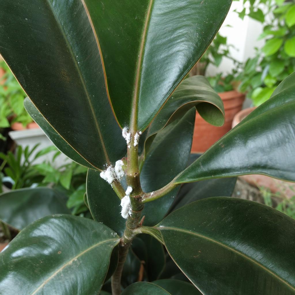 Amas blancs de cochenilles farineuses sur feuille de ficus