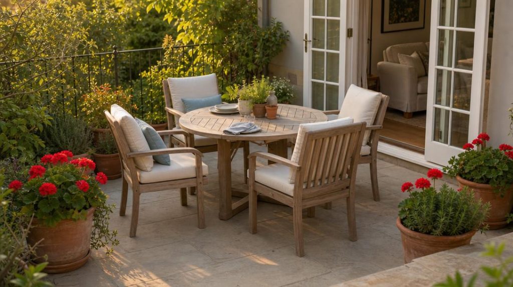 Table ronde et chaises sur terrasse conviviale