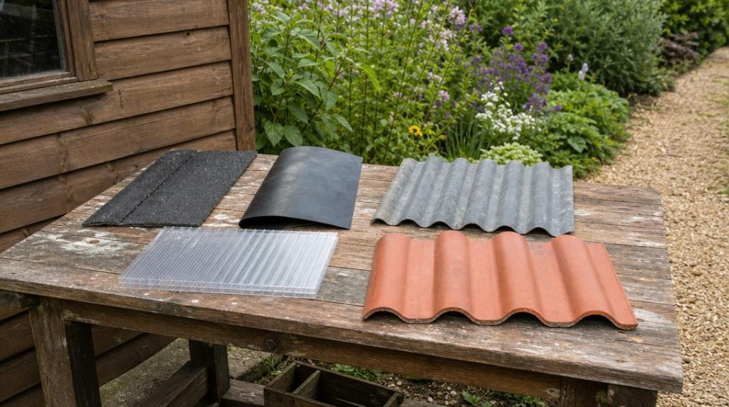 Échantillons de revêtements posés près d’un abri en bois