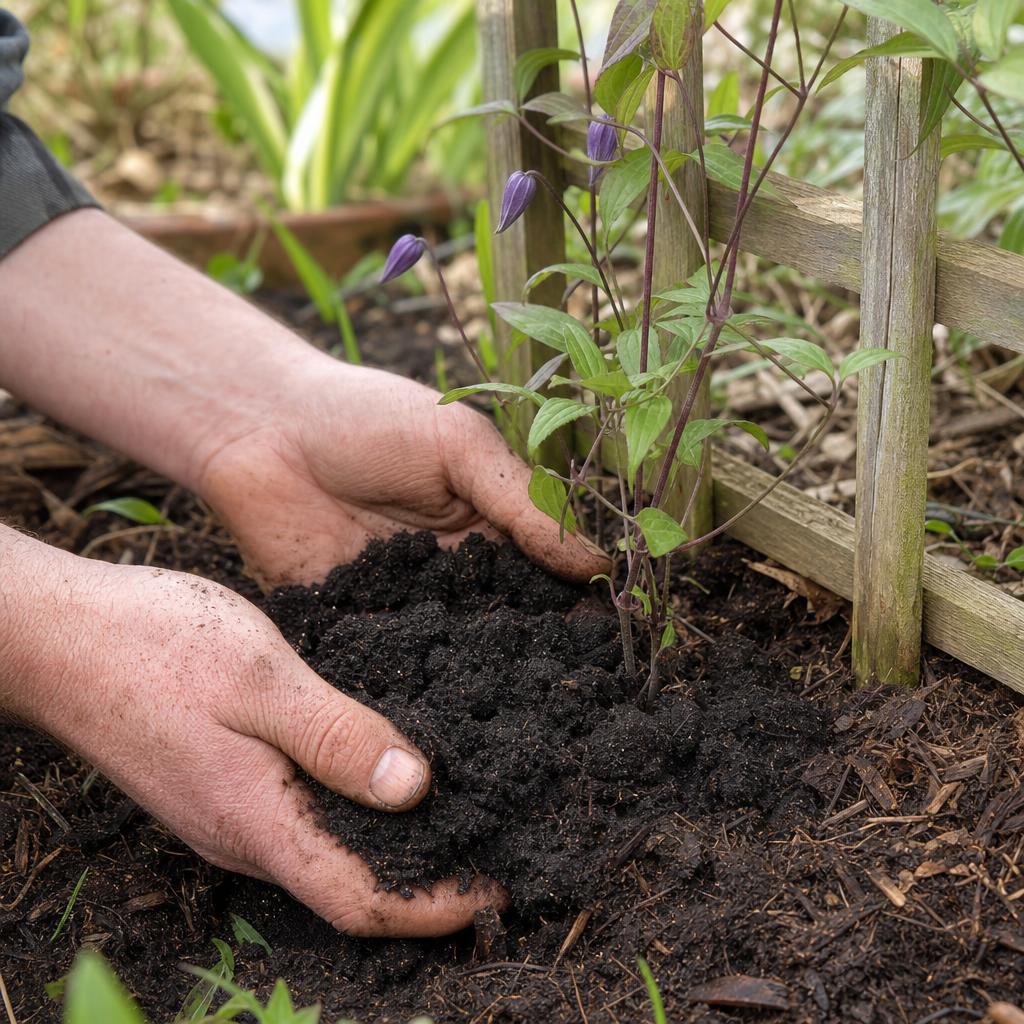 Compost déposé au pied d'une jeune clématite