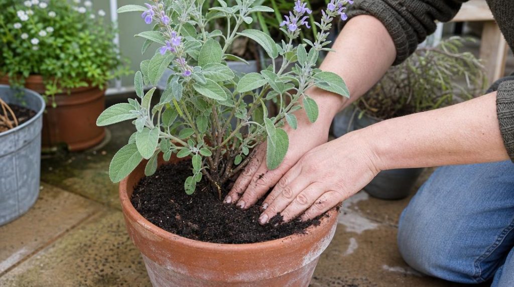 Compost ajouté au pied d’une sauge en pot