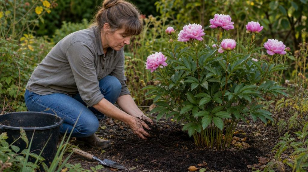 Compost mûr réparti autour d'un pied de pivoine